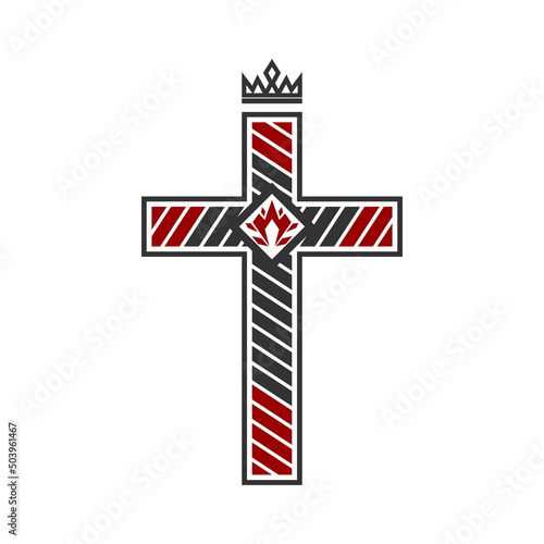 Christian illustration. Church logo. Crucifixion cross and fire inside