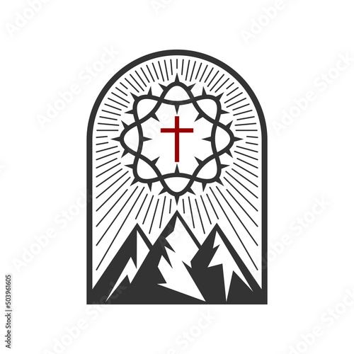 Christian illustration. Church logo. Crown of thorns, cross and mountains.