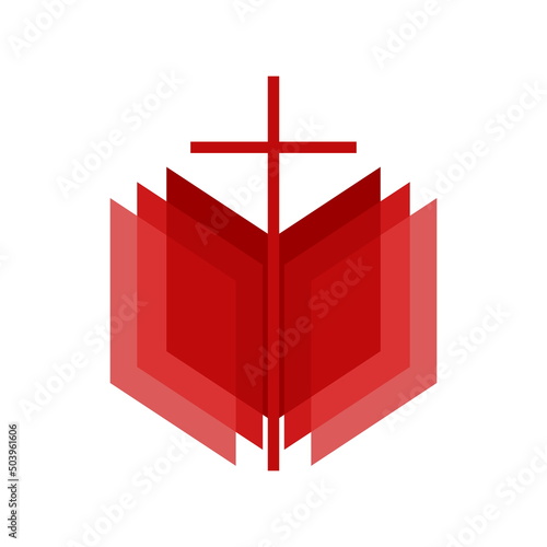 Christian illustration. Church logo. Cross of Jesus and open bible.