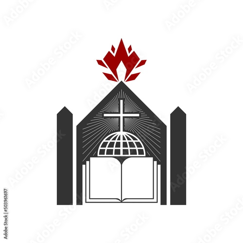 Christian illustration. Church logo. Cross, globe and open bible. Above, fire is a symbol of the Holy Spirit.