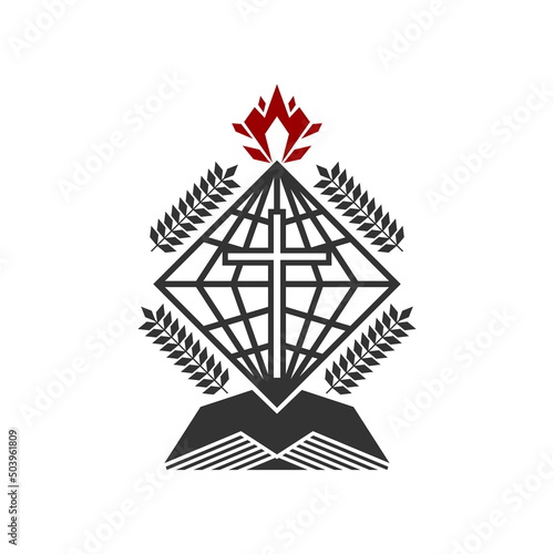 Christian illustration. Church logo. Open bible, ripe ears of corn and the cross of Jesus.
