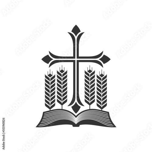 Christian illustration. Church logo. Open bible, ripe ears of corn and the cross of Jesus.