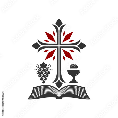 Christian illustration. Church logo. Cross, open bible, holy grail and vine.