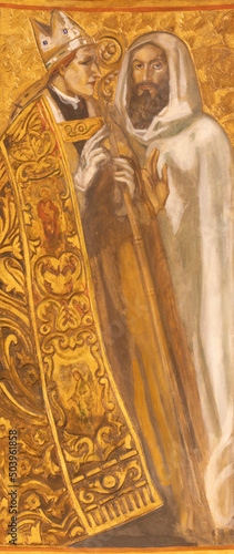 BARCELONA, SPAIN - MARCH 3, 2020: The painting of St. John Damascene and St. Cyril in the church Santuario Nuestra Senora del Sagrado Corazon by Francesc Labarta (1960).