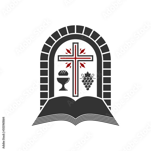 Christian illustration. Church logo. Cross and open bible with holy communion symbols.