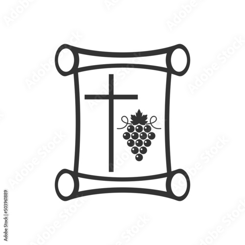 Christian illustration. Church logo. Scroll, cross of Jesus and vine.