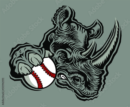 angry rhino mascot holding baseball for school, college or league