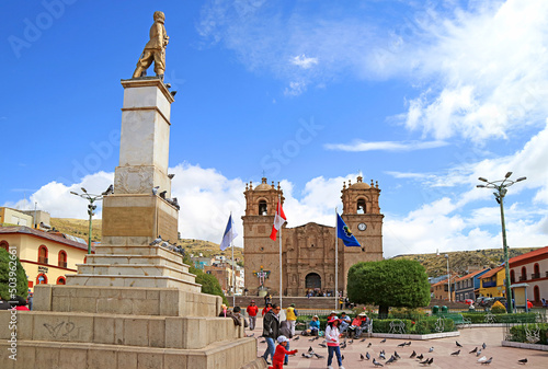 Plaza de Armas Square with the Monument to Colonel Francisco Bolognesi Cervantes, Puno, Peru, South America