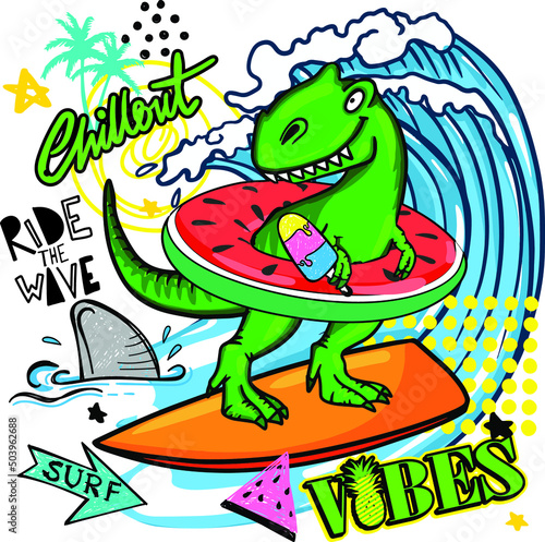 dinosaur on surf. Typography print for kids  . Original design with t-rex, dinosaur. print for T-shirts, textiles, wrapping paper, web. 