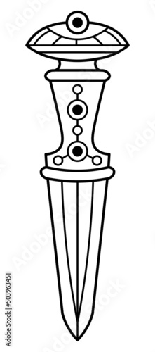 Outined vector drawing of ornamented fantasy dagger with inlay on grip and almond-shaped pommel. Medieval styled knife. Graphic illustration for logo, card poster, banner.