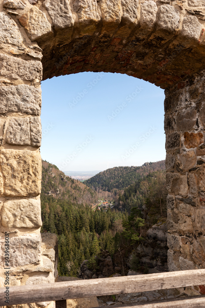 Window in the ruined monastery on the mountain Oybin. Saxony. Germany