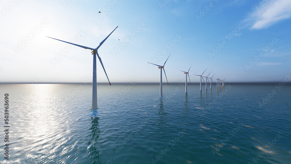 7680x4320 8K Ultra Hd. Offshore wind turbines farm on the ocean. Sustainable energy production, clean power, windmill. 3D Rendering.