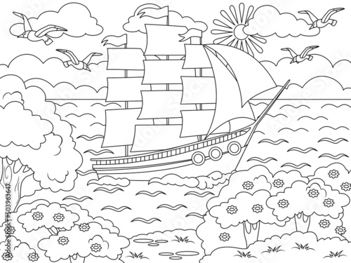 Ship sails on the waves. Big sailboat and the nature of the island. Vector page for printable children coloring book.