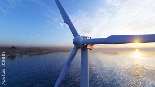 7680x4320 8K Ultra Hd. Offshore wind turbines farm on the ocean. Sustainable energy production, clean power, windmill. 3D Rendering. photo