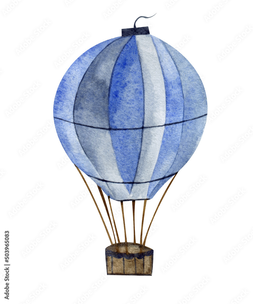 Obraz premium Watercolor flying balloon in blue colors. High resolution illustration