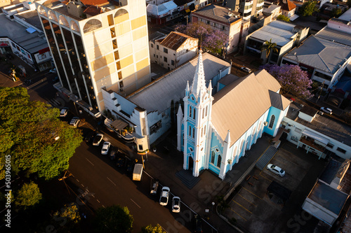 Aerial view of Natividade church at the center of Ijuí, Brazil.