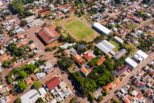 Aerial view of Ijuí multipurpose sports complex and public school, Brazil