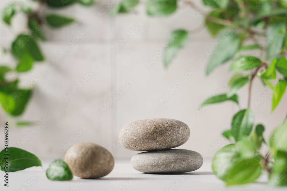 Natural stone podium and green leaves. Minimal modern product display, scene stage showcase for cosmetic product, promotion sale Natural stone podium and green leaves. Minimal modern product display, scene stage showcase for cosmetic product, promotion sale
