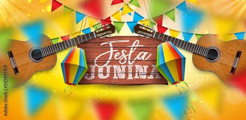 Festa Junina Illustration with Acoustic Guitar, Party Flags and Paper Lantern on Yellow Background. Typography on Vintage Wood Table. Vector Brazil June Festival Design for Greeting Card, Invitation