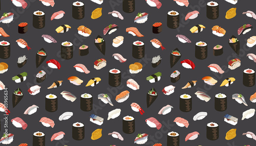 Sushi And Rolls on dark background. 