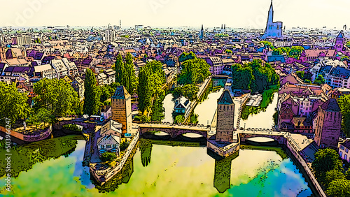 Strasbourg, France. Quarter Petite France, Vauban Dam. Bright cartoon style illustration. Aerial view photo