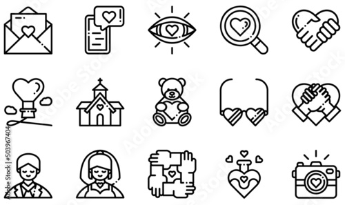 Set of Vector Icons Related to Love. Contains such Icons as Love Letter, Loving, Hand In Hand, Groom, Bride, Love Potion and more.