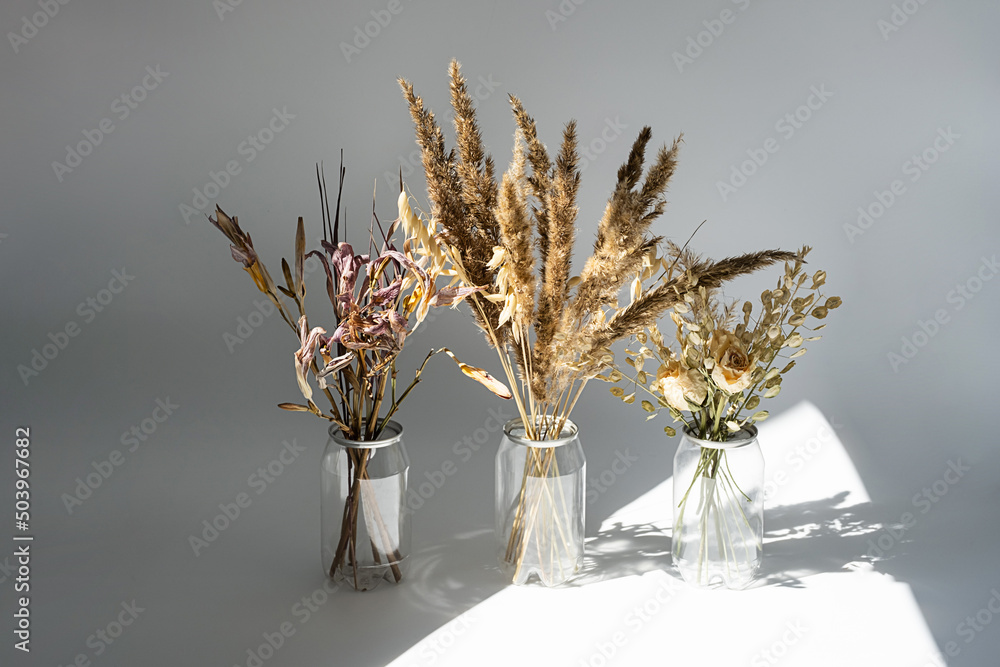 Dried flowers bouquets in plastic bottles to reduce waste. Aesthetic, eco friendly home decor.