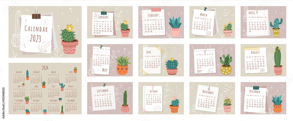 2023 calendar. Cover, set of 12 months pages and page with 2024