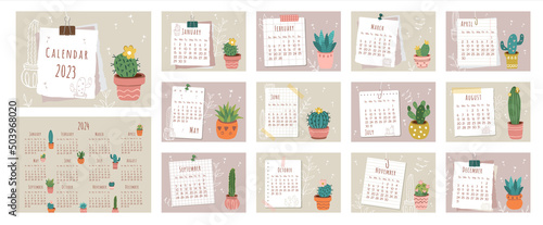 2023 calendar. Cover, set of 12 months pages and page with 2024 calendar. Pieces of papers, different types of cacti and cacti contours in flat style. Week starts on Saturday. Vector illustration.