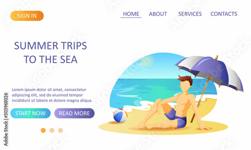 Website design with a man resting on the seashore. © Rina Antipina