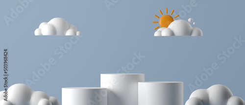 Podium 3d cartoon morning sun and clouds on blue clear sky background. concept for banner, cover, brochure. 3d rendering illustration