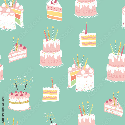 Fun hand drawn party seamless background with cute decorated cakes. Great for birthday parties  textiles  banners  wallpapers  wrapping - vector design