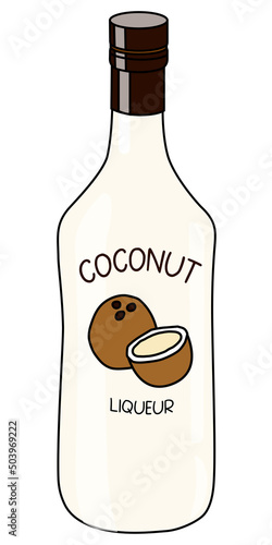 Sweet Caribbean Coconut liqueur in a bottle. Doodle cartoon hipster style vector illustration isolated on white background. For party card, posters, bar menu or alcohol cook book
