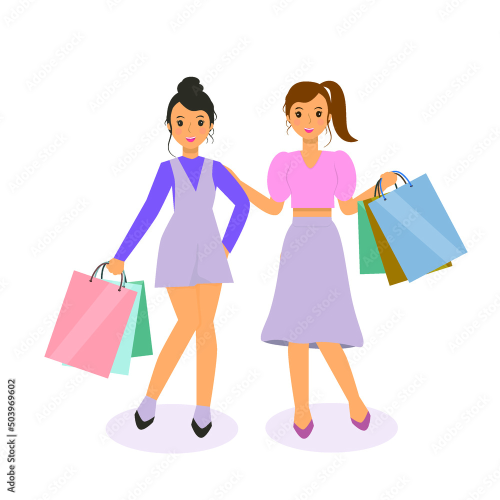 Two women stand holding shopping bags, fashion women.