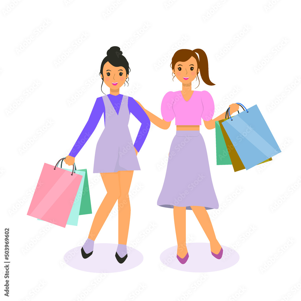 Two women stand holding shopping bags, fashion women. Two women stand holding shopping bags, fashion women.