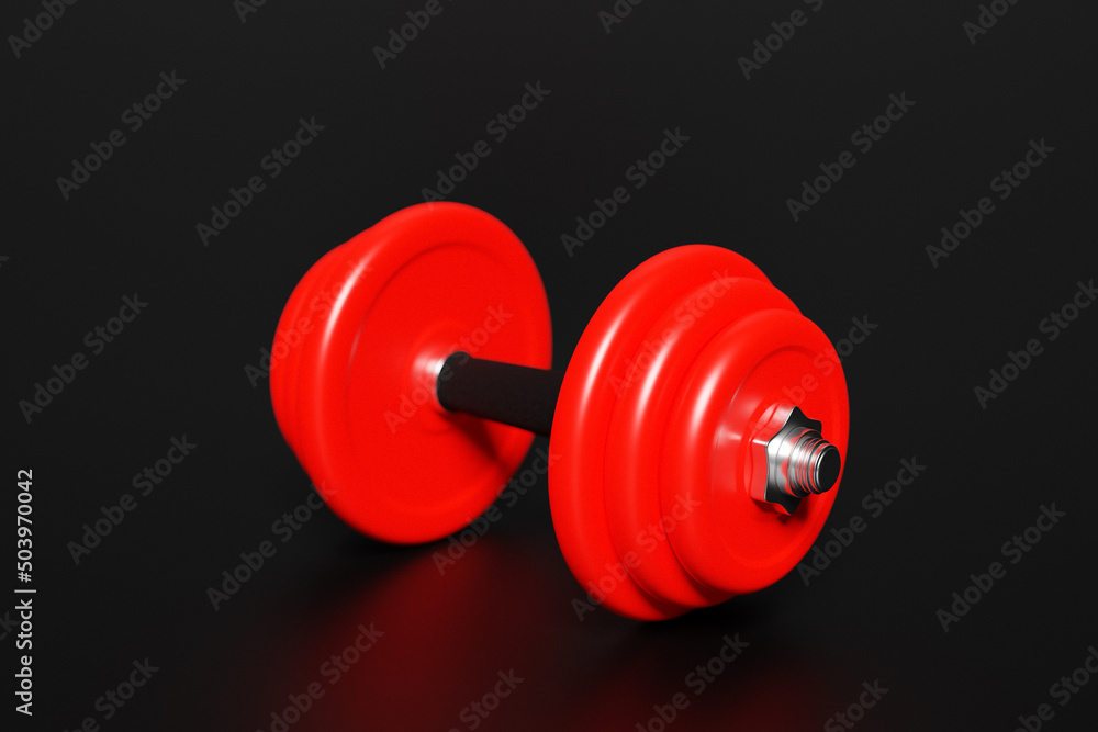 3d render illustration of a dumbbell with red plates, isolated on black background. Creative concept. 3d render illustration of a dumbbell with red plates, isolated on black background. Creative concept.