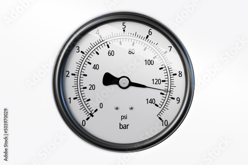 3d illustration of a round barometer with markings up to 140 on a white  isolated background