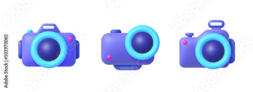 Camera 3D Vector Icon Set. Purple camera 3d on white background