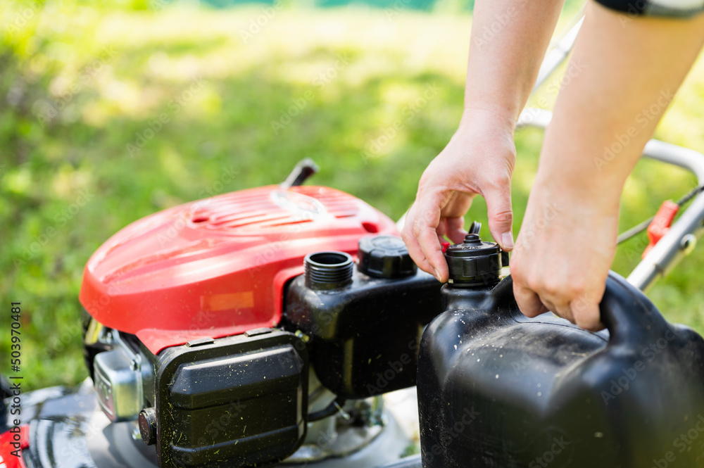 Filling the lawn mower tank with fuel - obrazy, fototapety, plakaty 