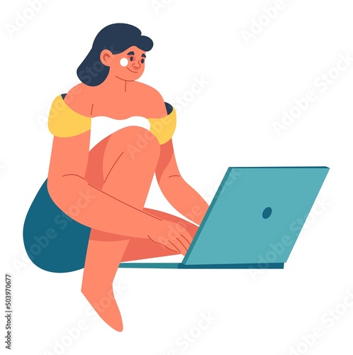 Woman with laptop working on project or playing