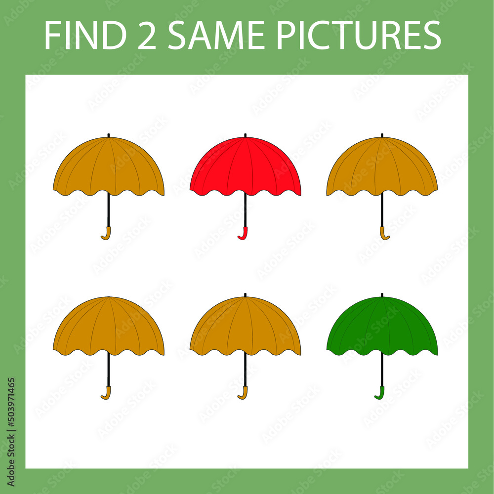 Find a pair game with colorful umbrella.  Worksheet for preschool kids, kids activity sheet, printable worksheet 

