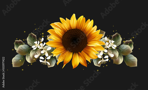 Beautiful floral texture with sunflower and bird cherry on a black background