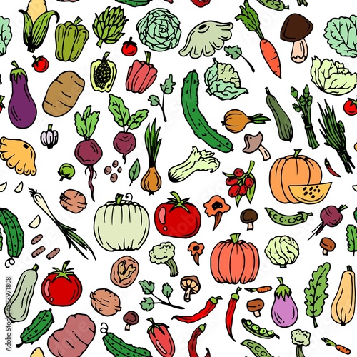Delicious vegetables. Garden fruits. Edible food plants. Hand drawn outline. Seamless pattern. Isolated on white background. Vector