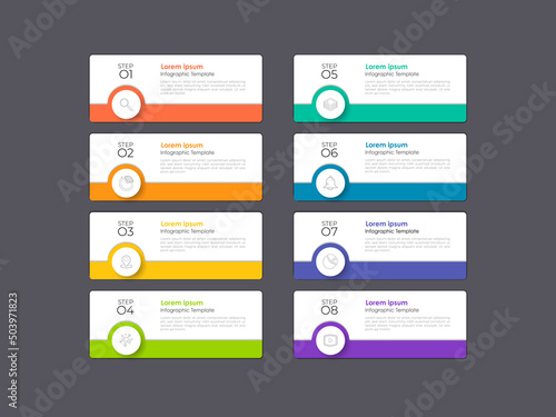 Modern infographics business design with 8 option concepts, parts, steps, arrows or processes can be used for workflow layout, diagram, number options, web design, element and banner.