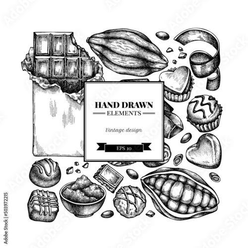 Square design with black and white cocoa beans, cocoa, chocolate, chocolate candies