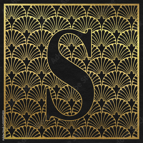 Latin letter on classic Art Deco abstract background. Gold scrapbook paper. Letter S