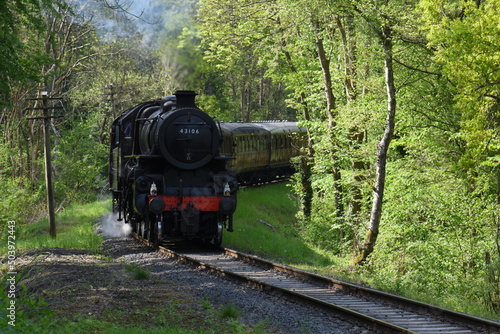 an Ivatt class 4 steam locomotive traveling through an English forest