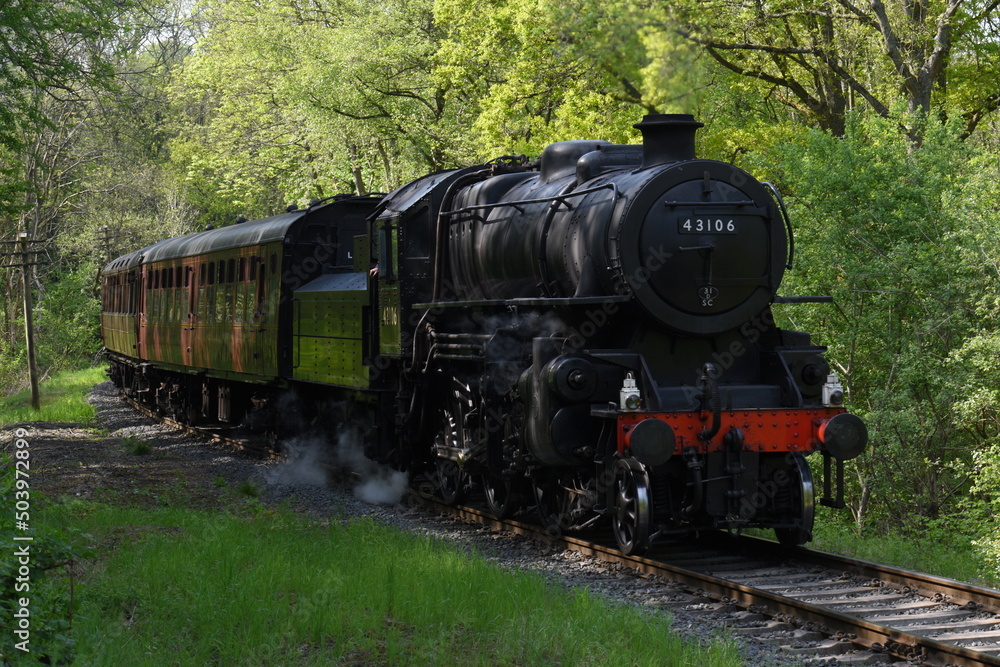 an Ivatt class 4 steam locomotive traveling through an English forest an Ivatt class 4 steam locomotive traveling through an English forest