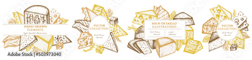 Cheese hand drawn frame templates. Vintage illustrations of brie, gouda cheese, roquefort, etc.