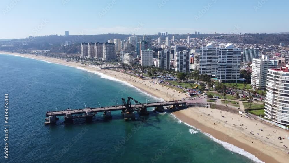 Aerial view of Vergara Pier - Muelle Vergara - and Las Salinas beach and Playa El Sol Aerial view of Vergara Pier - Muelle Vergara - and Las Salinas beach and Playa El Sol